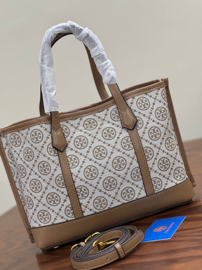 Premium Monogram Jacquard Tote Bag with Vegan Leather Trim – Multi-Functional Everyday Satchel & Shoulder Bag