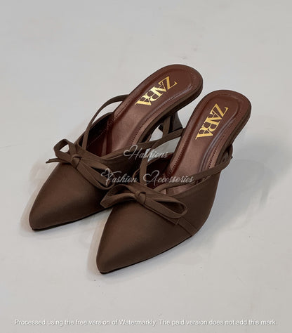 Pointed-Toe Bow Detail Kitten Heel Mules - Elegant Slip-On Slingback Pumps for Women