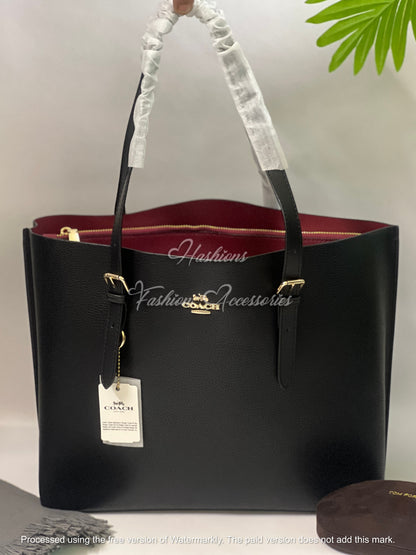 Large Black Zip-Top Tote Bag – 18" Work Shoulder Bag with Red Lining