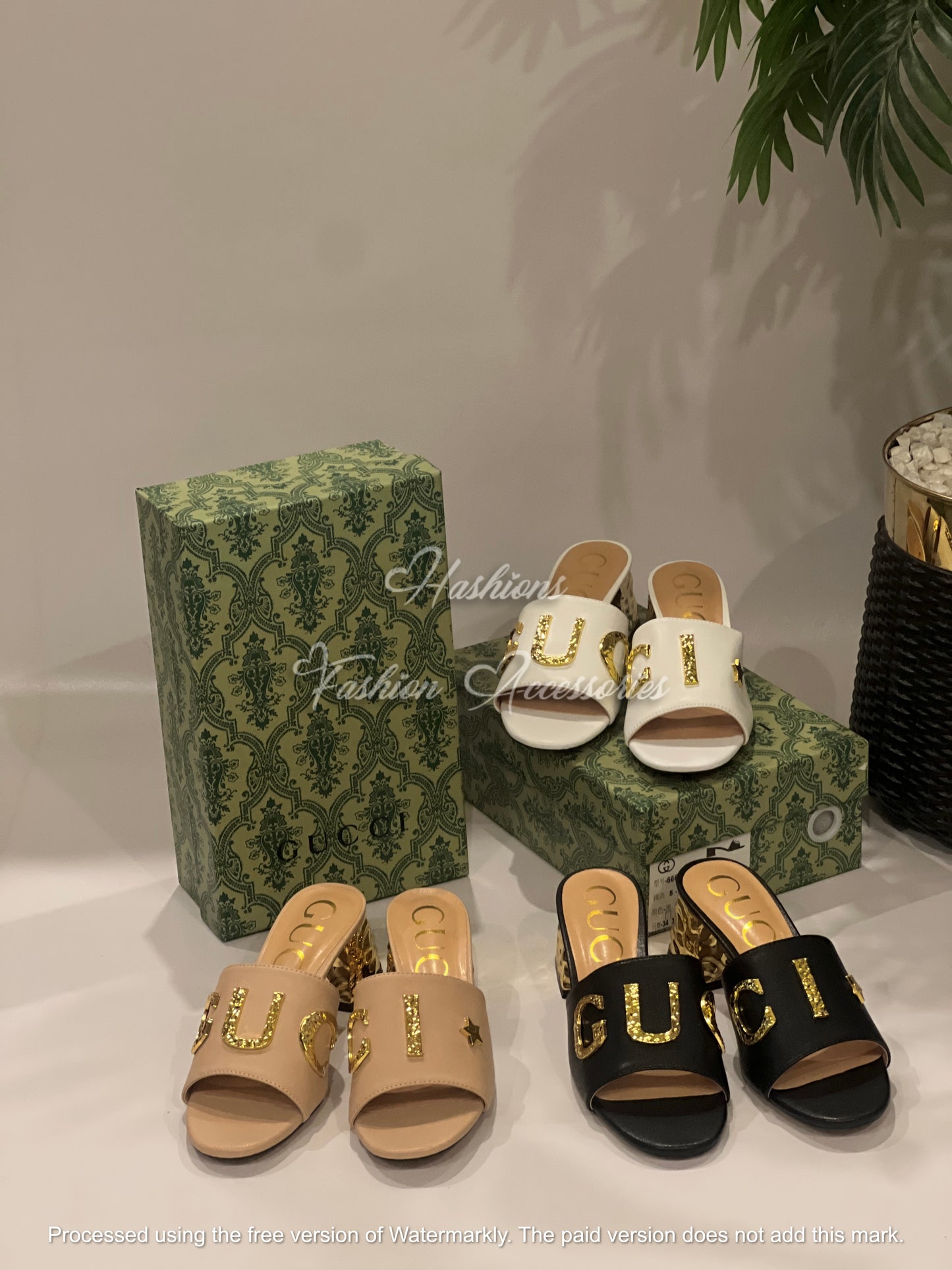 Gold Accent Block Heels – Women’s Luxury Statement Slides (Black, White & Nude)