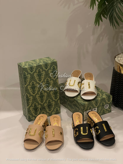 Gold Accent Block Heels – Women’s Luxury Statement Slides (Black, White & Nude)