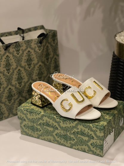 Gold Accent Block Heels – Women’s Luxury Statement Slides (Black, White & Nude)