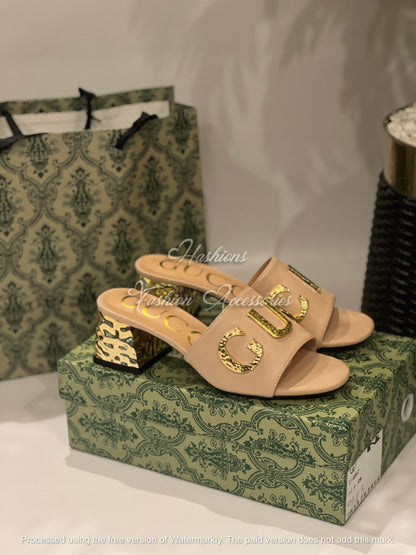 Gold Accent Block Heels – Women’s Luxury Statement Slides (Black, White & Nude)