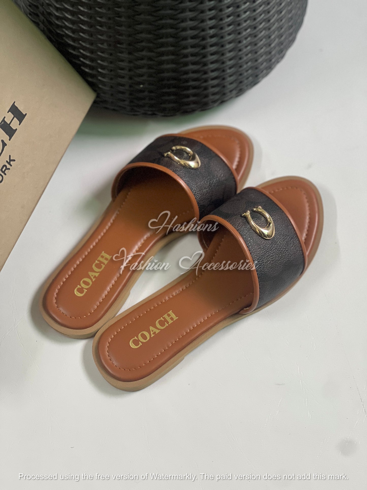 Premium Brown & Black Slip-On Flat Sandals for Women – Comfort Sole, Gold Buckle Detail, Everyday Casual Flats