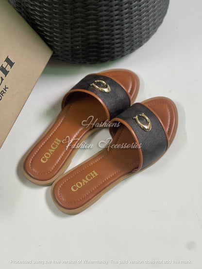 Premium Brown & Black Slip-On Flat Sandals for Women – Comfort Sole, Gold Buckle Detail, Everyday Casual Flats