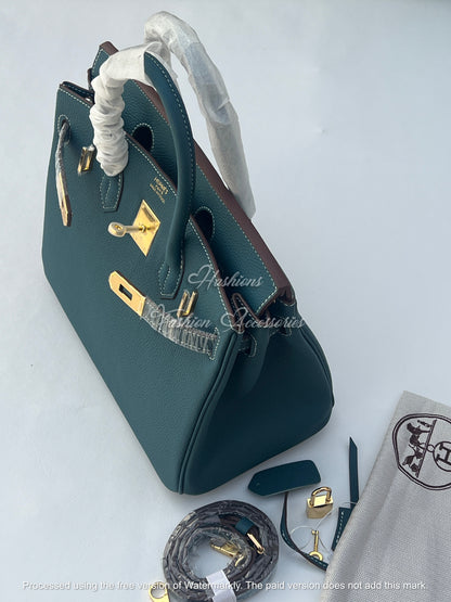 Women’s 30cm Structured Top Handle Bag – Genuine Togo Leather with Gold Hardware