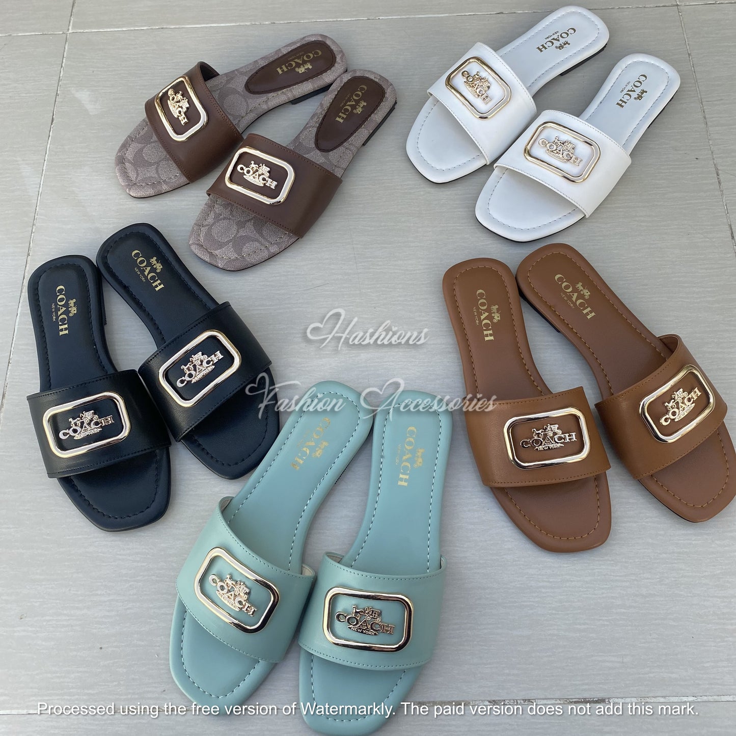 Gold Buckle Slide Sandals - Black Leather-Look Flat Slip-Ons