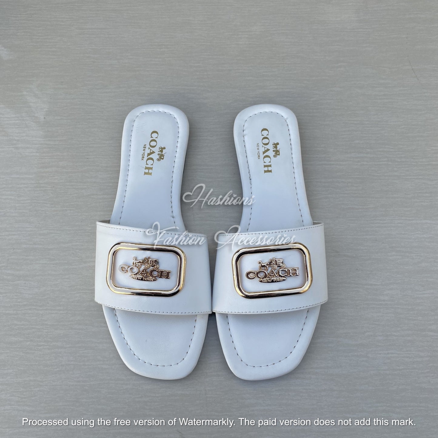 Gold Buckle Slide Sandals - Black Leather-Look Flat Slip-Ons