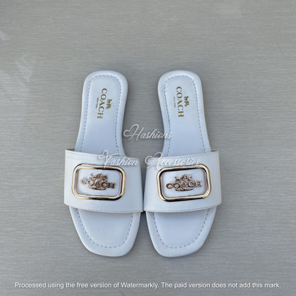 Gold Buckle Slide Sandals - Black Leather-Look Flat Slip-Ons