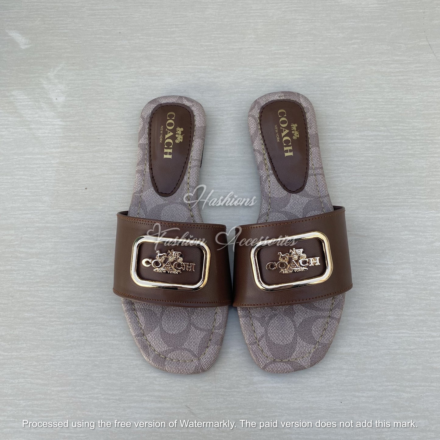 Gold Buckle Slide Sandals - Black Leather-Look Flat Slip-Ons