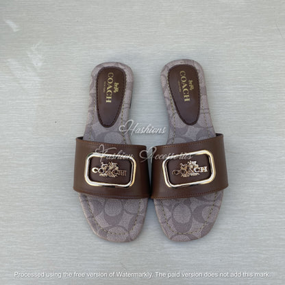 Gold Buckle Slide Sandals - Black Leather-Look Flat Slip-Ons