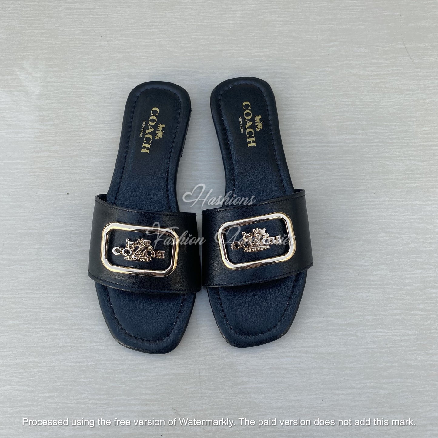 Gold Buckle Slide Sandals - Black Leather-Look Flat Slip-Ons