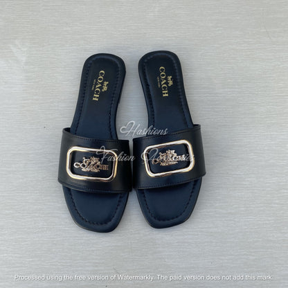 Gold Buckle Slide Sandals - Black Leather-Look Flat Slip-Ons