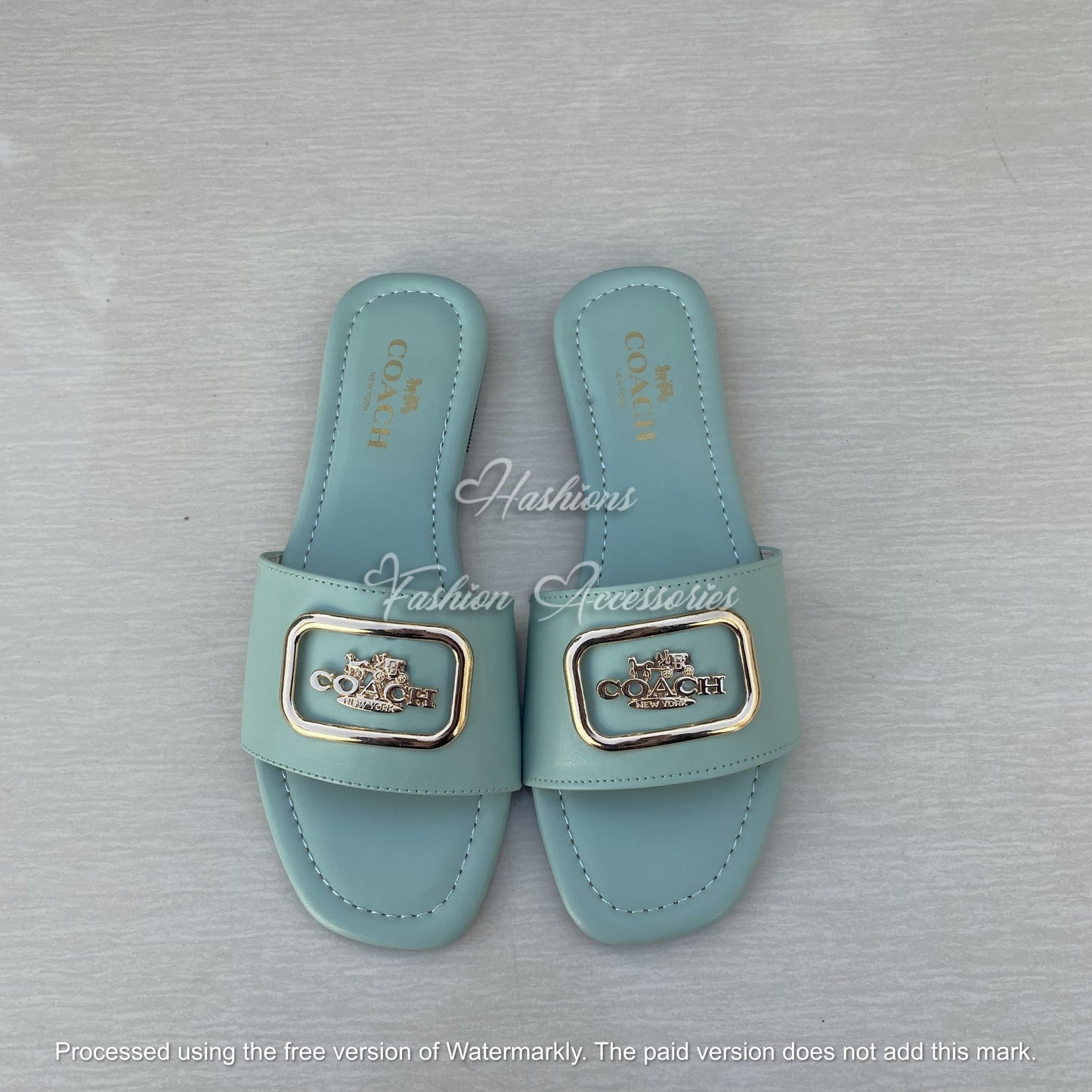 Gold Buckle Slide Sandals - Black Leather-Look Flat Slip-Ons