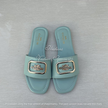 Gold Buckle Slide Sandals - Black Leather-Look Flat Slip-Ons