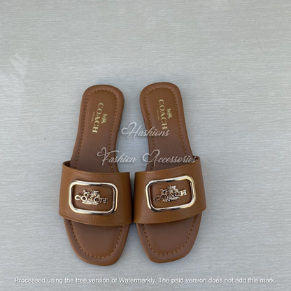 Gold Buckle Slide Sandals - Black Leather-Look Flat Slip-Ons