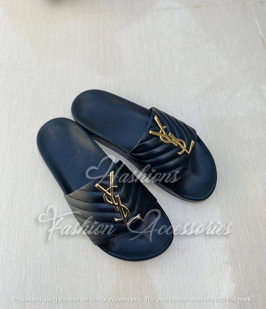 YSL Saint Laurent Quilted Slides – Black with Gold Monogram