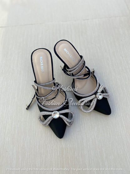 Mach & Mach Double Bow Crystal Embellished Heels – Black Satin