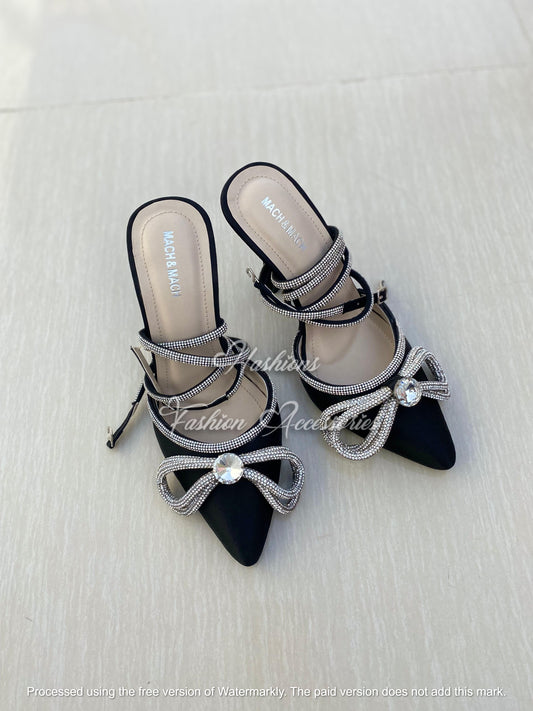 Mach & Mach Double Bow Crystal Embellished Heels – Black Satin