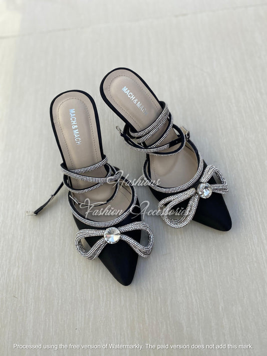 Mach & Mach Double Bow Crystal Embellished Heels – Black Satin