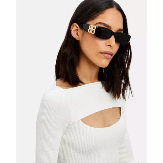 Balenciaga “BB Rectangle” Sunglasses – Glossy Black Frame | Gold-Tone Logo
