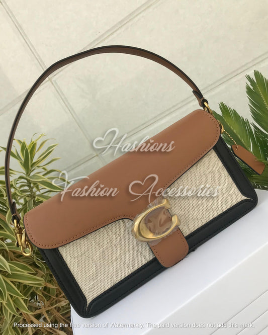 Classic Coach C-Buckle Shoulder Bag – Tan & Canvas Elegance