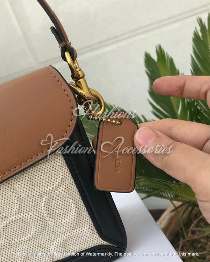 Classic Coach C-Buckle Shoulder Bag – Tan & Canvas Elegance