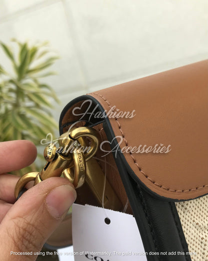 Classic Coach C-Buckle Shoulder Bag – Tan & Canvas Elegance
