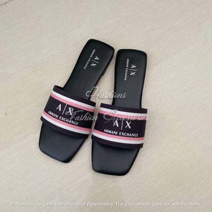 Striped Band Flat Slides – Black & Nude | Square Toe Slip-On Sandals for Women