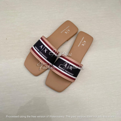 Striped Band Flat Slides – Black & Nude | Square Toe Slip-On Sandals for Women