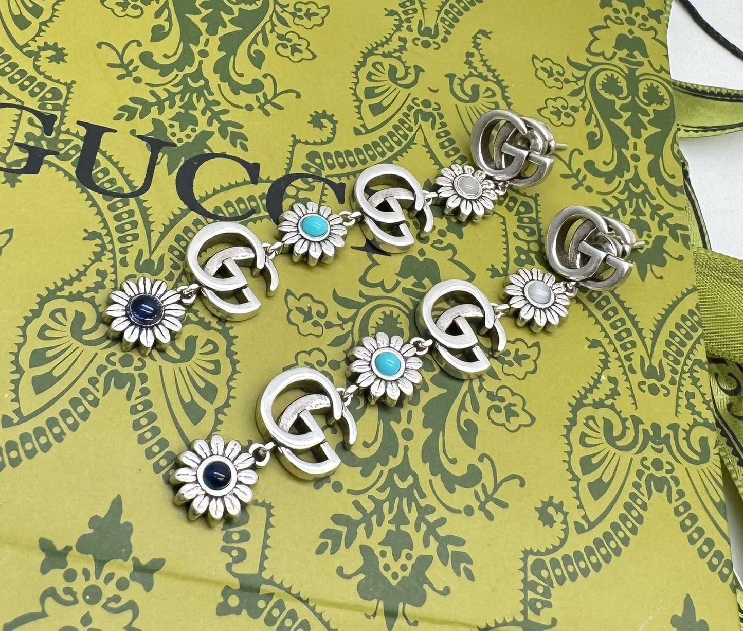 Vintage Silver Floral Charm Earrings with Turquoise and Blue Stone Accents