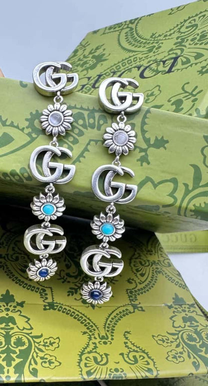 Vintage Silver Floral Charm Earrings with Turquoise and Blue Stone Accents