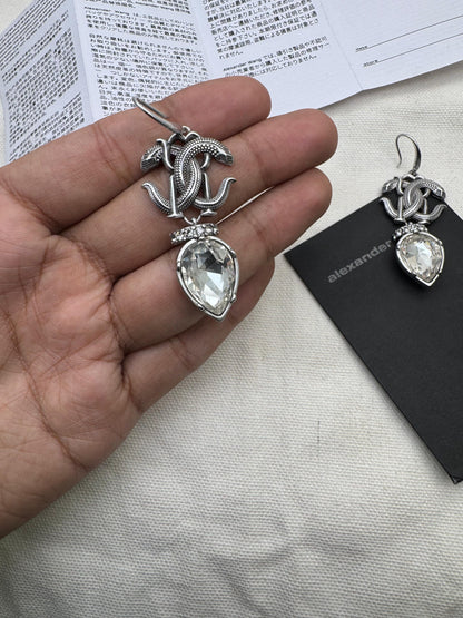 Antique Silver Snake Drop Earrings with Crystal Teardrop Stone