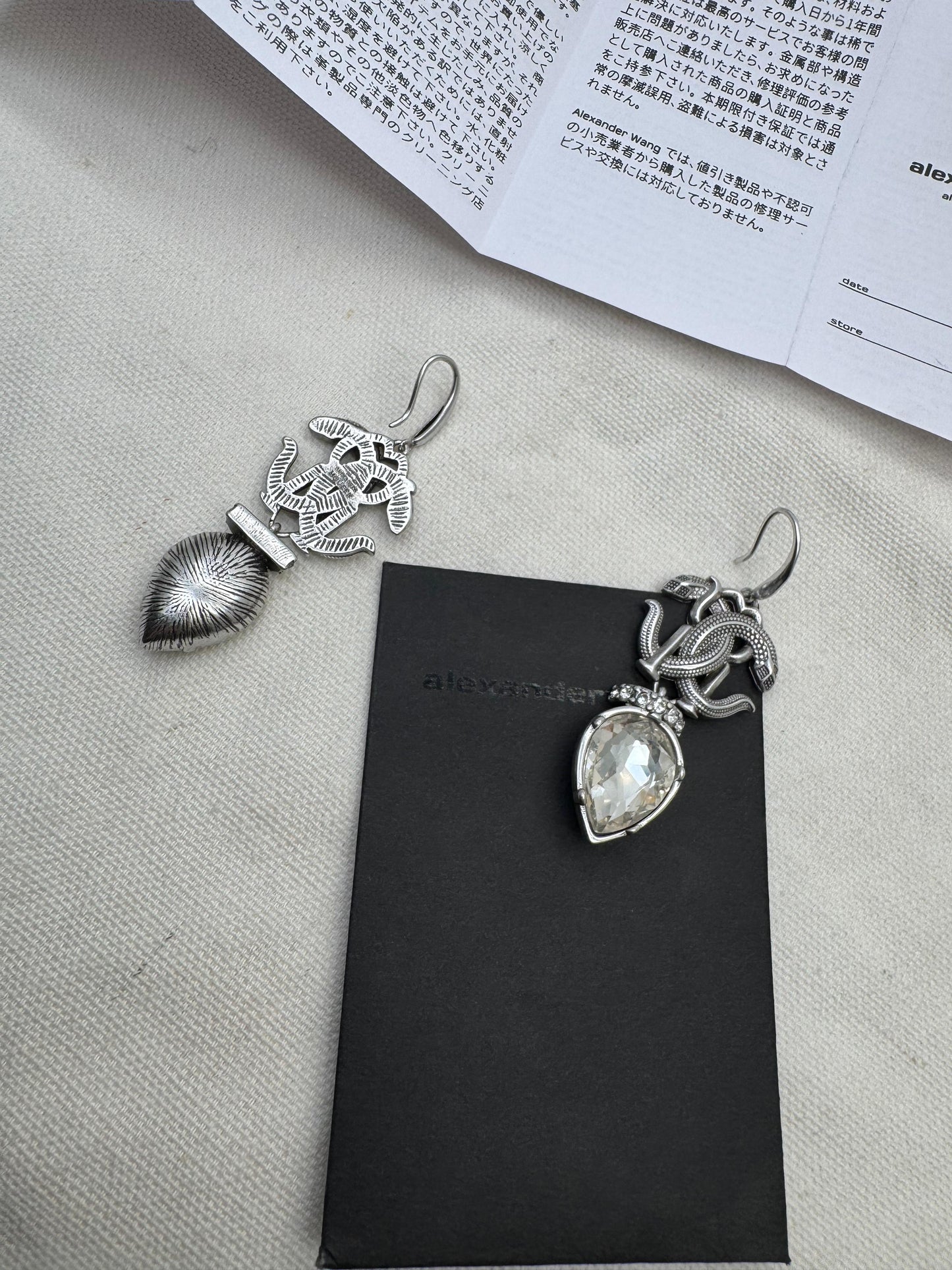 Antique Silver Snake Drop Earrings with Crystal Teardrop Stone