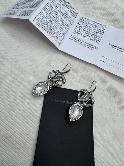 Antique Silver Snake Drop Earrings with Crystal Teardrop Stone