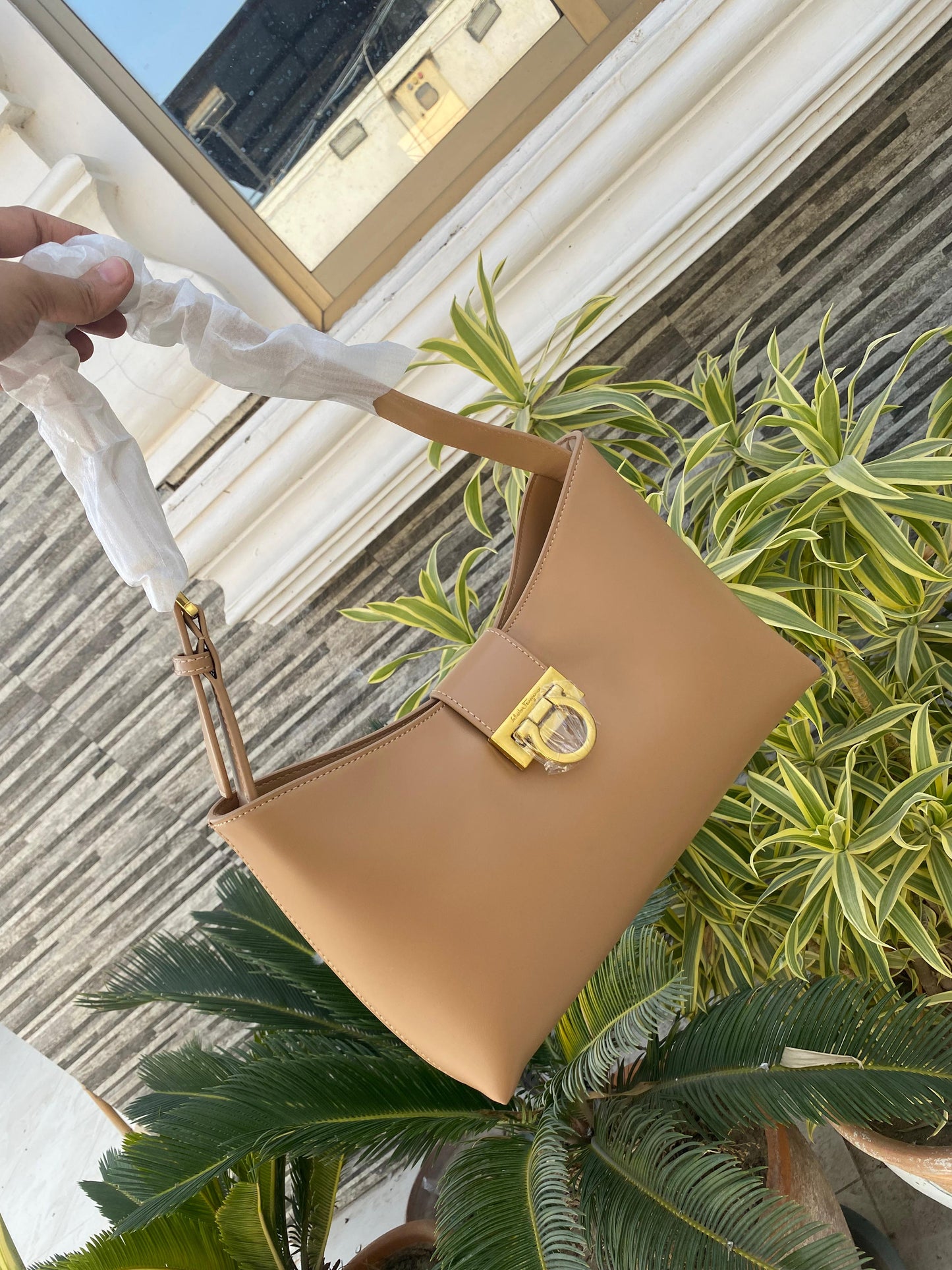 Luxury Glossy Shoulder Bag – Structured Design with Gold Buckle