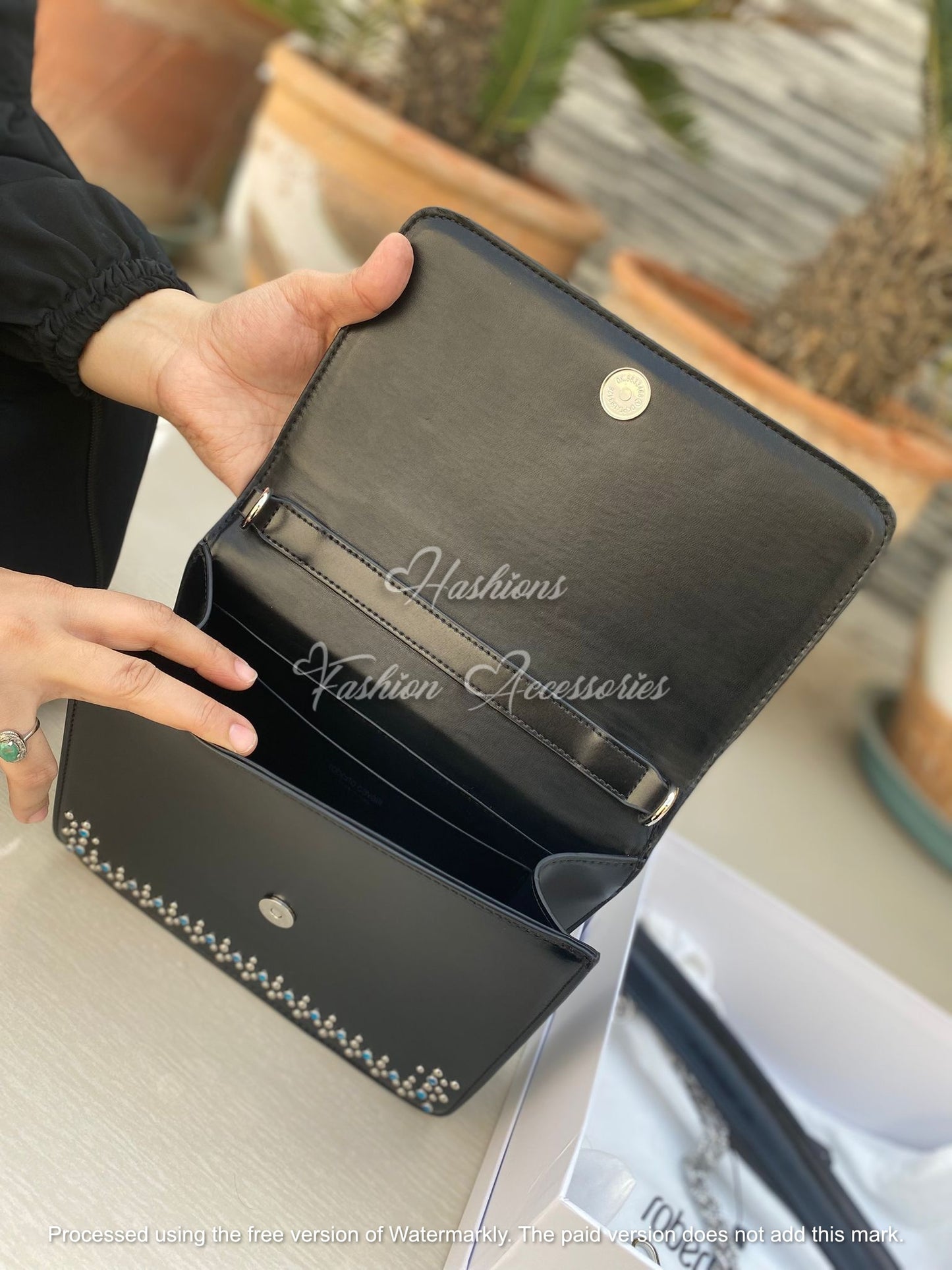 Jeweled Tiger Handle Handbag – Black Studded Structured Bag