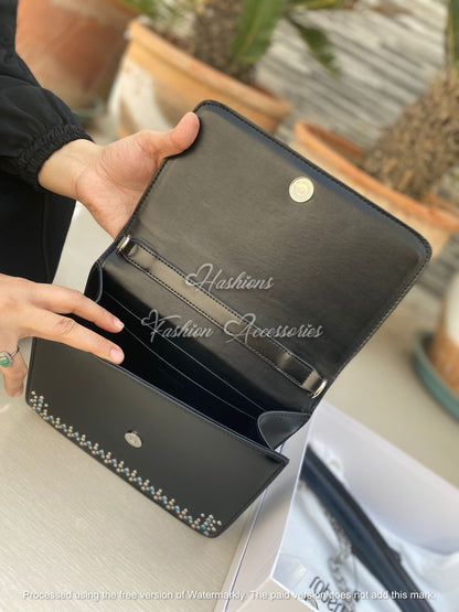 Jeweled Tiger Handle Handbag – Black Studded Structured Bag