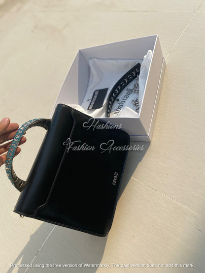 Jeweled Tiger Handle Handbag – Black Studded Structured Bag