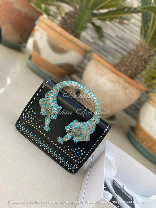 Jeweled Tiger Handle Handbag – Black Studded Structured Bag