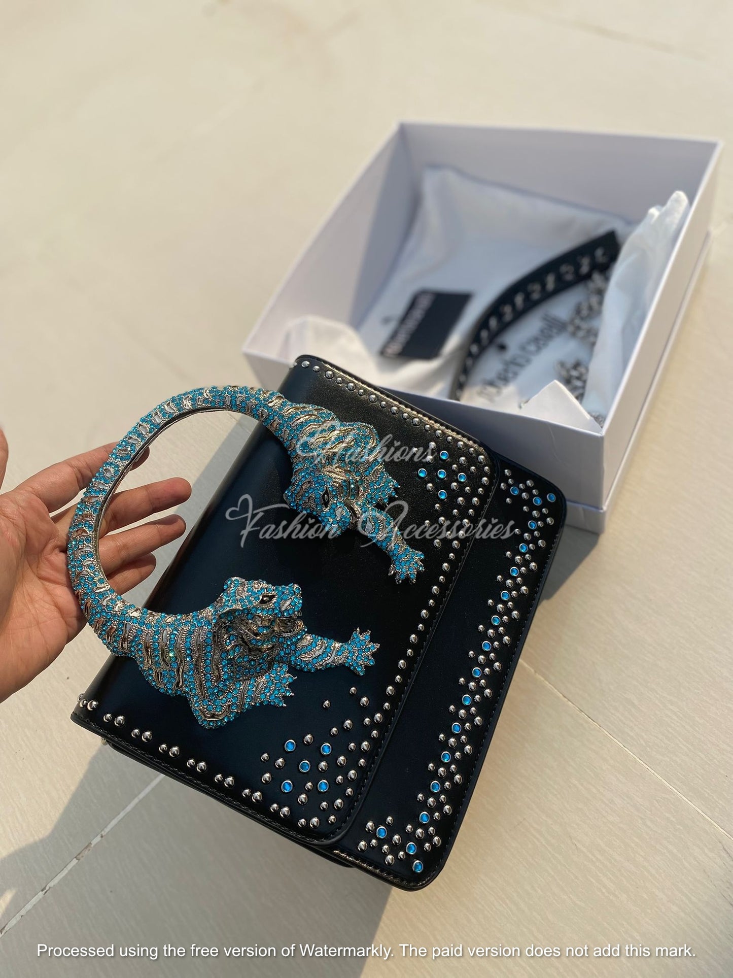 Jeweled Tiger Handle Handbag – Black Studded Structured Bag