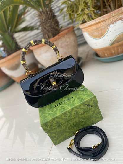 Patent Leather Bamboo Handle Bag – Vintage Glossy Shoulder Bag