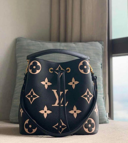 Monogram Bucket Bag in Taupe – Drawstring Shoulder & Crossbody, Spacious Everyday Purse