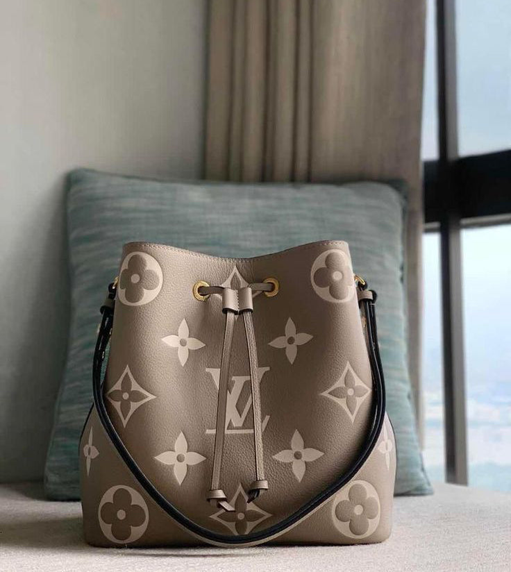 Monogram Bucket Bag in Taupe – Drawstring Shoulder & Crossbody, Spacious Everyday Purse