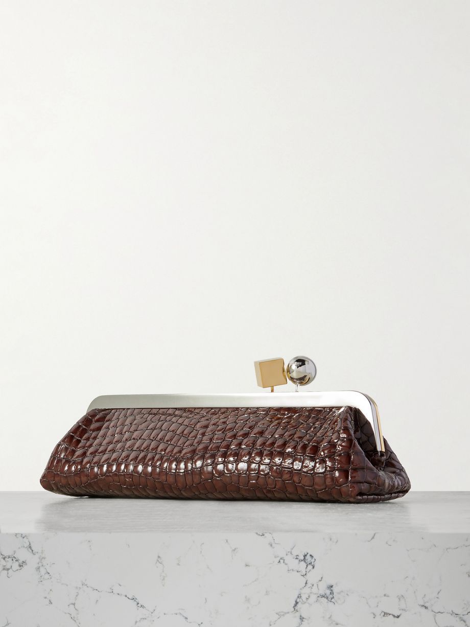 Croc-Embossed Frame Shoulder Clutch – Kiss-Lock Evening Baguette in Chocolate Brown
