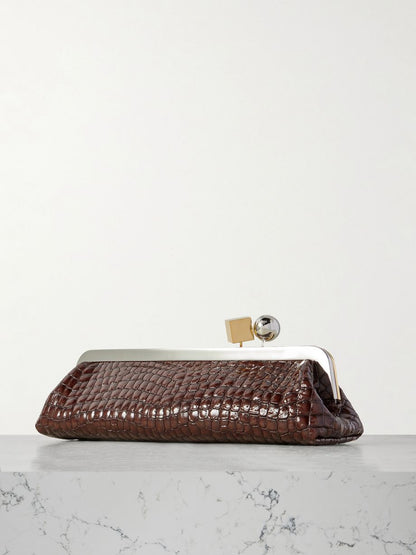 Croc-Embossed Frame Shoulder Clutch – Kiss-Lock Evening Baguette in Chocolate Brown