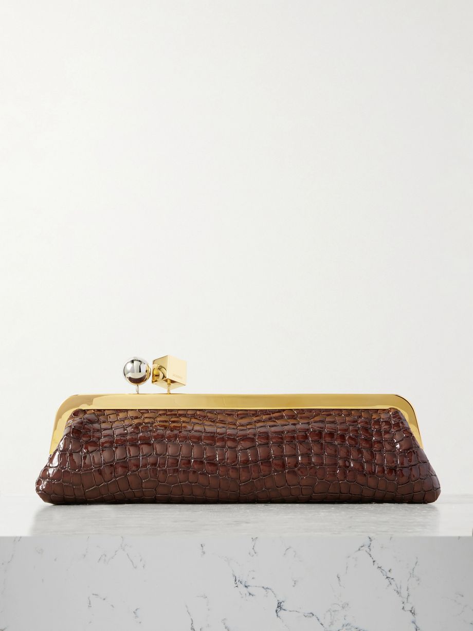 Croc-Embossed Frame Shoulder Clutch – Kiss-Lock Evening Baguette in Chocolate Brown