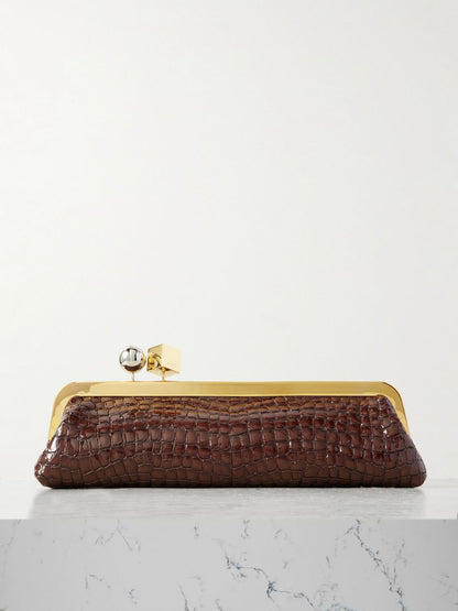 Croc-Embossed Frame Shoulder Clutch – Kiss-Lock Evening Baguette in Chocolate Brown