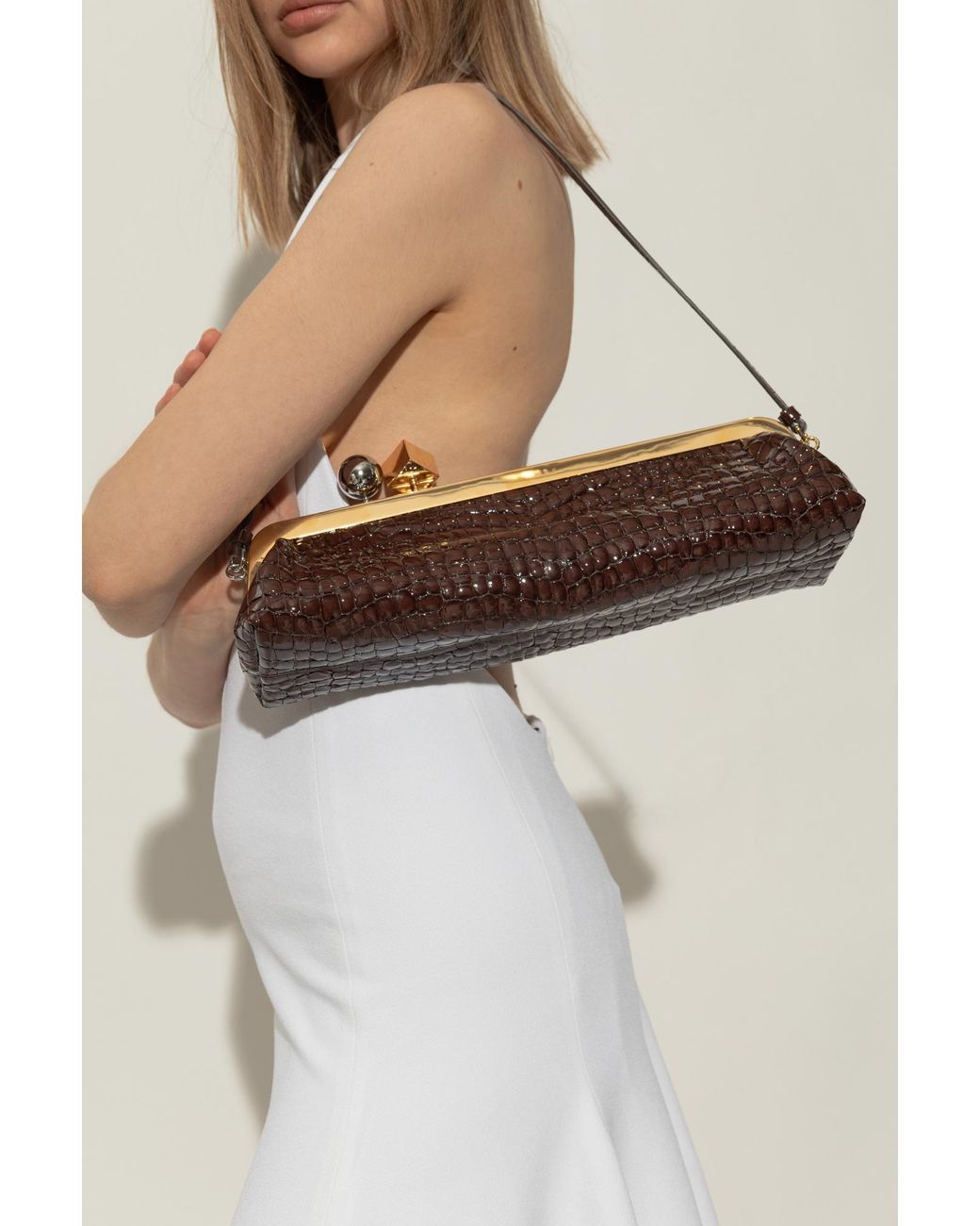 Croc-Embossed Frame Shoulder Clutch – Kiss-Lock Evening Baguette in Chocolate Brown