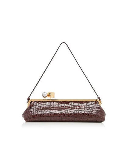 Croc-Embossed Frame Shoulder Clutch – Kiss-Lock Evening Baguette in Chocolate Brown